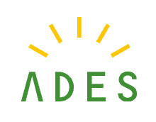 Logo of ADES, featuring green capital letters "A D E S" with a stylized yellow sun above them. The sun design includes six rays projecting upwards from the top of the letters.