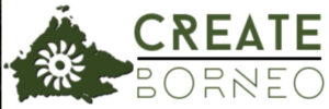 Logo for "Create Borneo" featuring a green silhouette of Borneo with a stylized flower pattern, next to the text "CREATE BORNEO" in green and black.