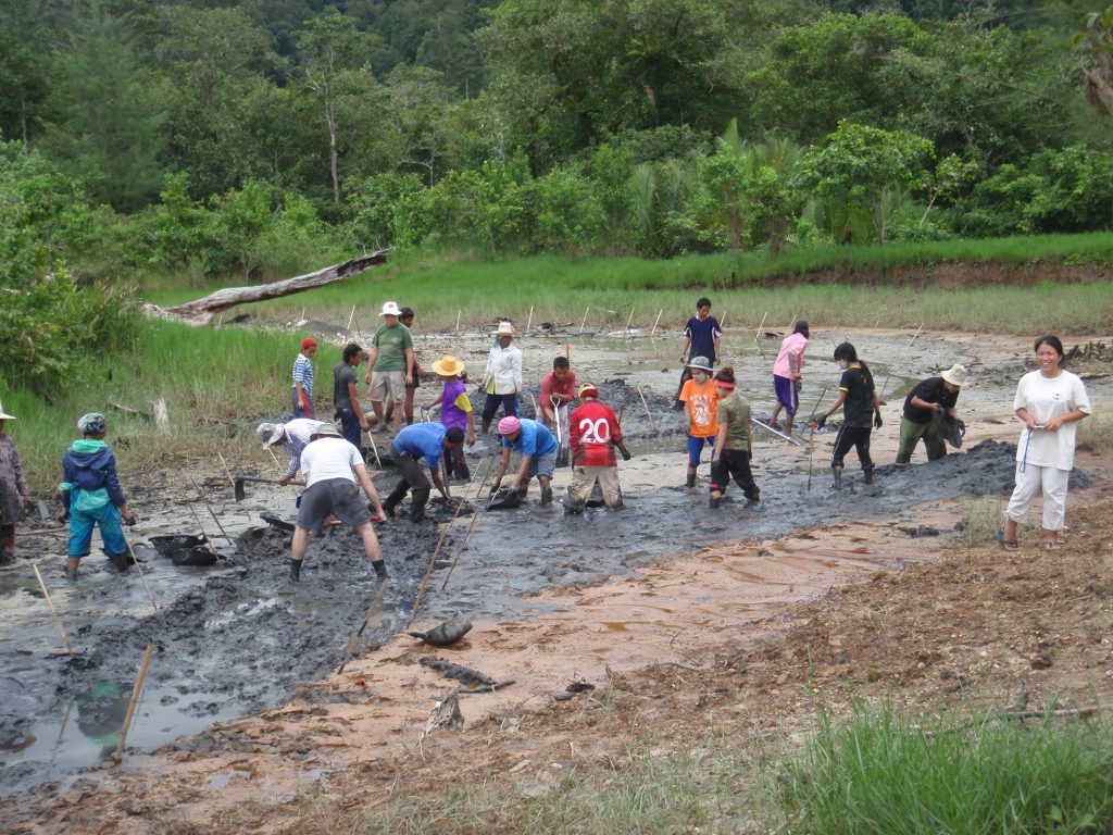 a group of people standing in a muddy area.