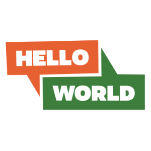hello world logo with orange and green speech bubbles.