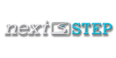 Logo with the text "next STEP" where "next" is in gray, "STEP" is in light blue, and the letter "S" forms a winding road icon.