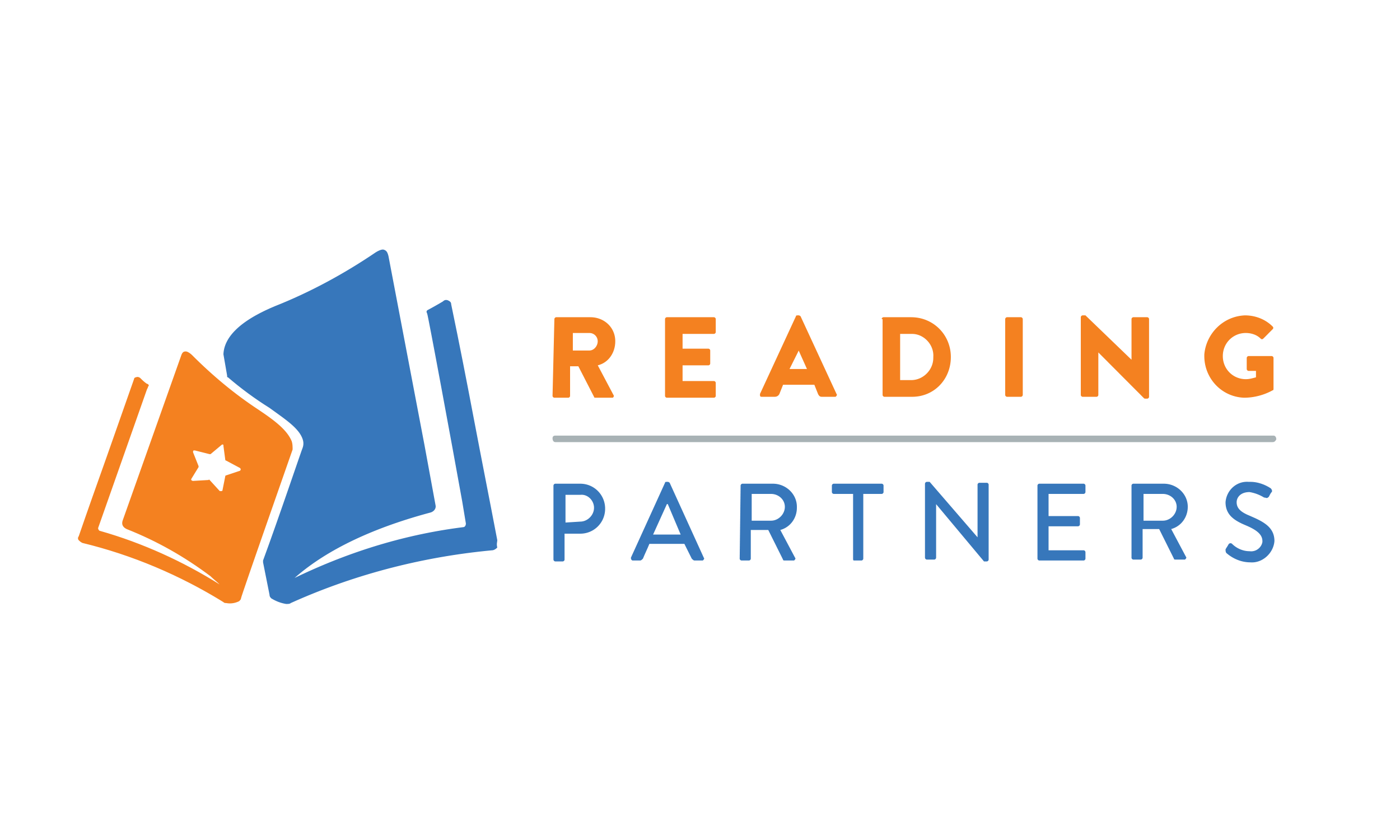 Logo of Reading Partners featuring an open orange book with a black star and a blue book behind it, accompanied by the text "READING PARTNERS" in orange and blue letters.