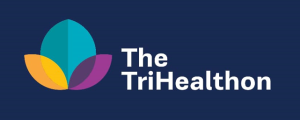 the triathlon logo on a blue background.